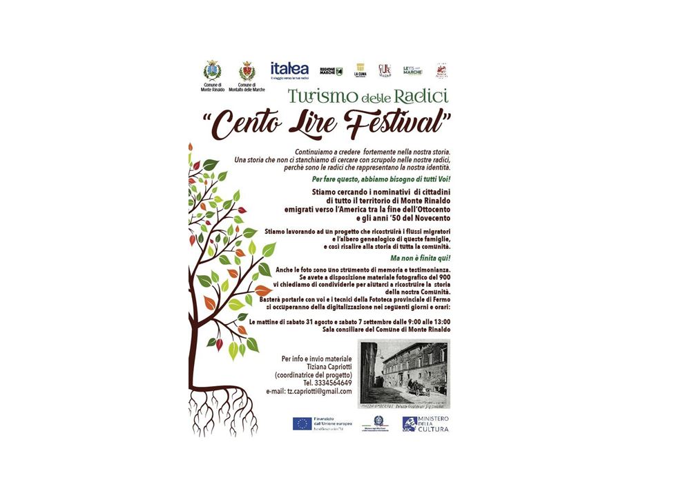 Cento Lire Festival - Ricerca nominativi di cittadini di Monte Rinaldo emigrati verso l'America tra la fine dell'Ottocento e gli anni '50 del Novecento e materiale fotografico del Novecento